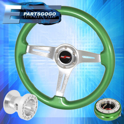 Green Wood Silver Center Steering Wheel + Slim Quick Release For 86-01 Integra