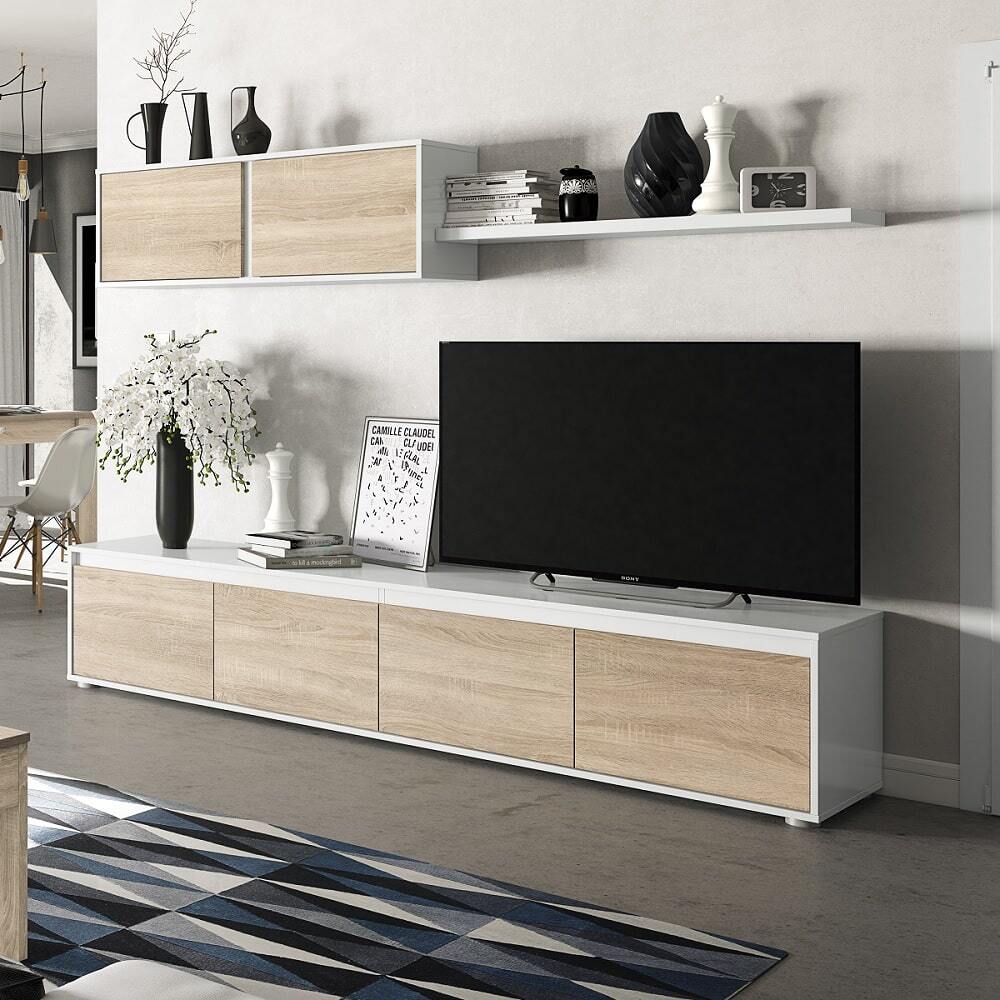 Juego salón mueble TV 4 puertas, módulo superior, estante de colgar, 200...