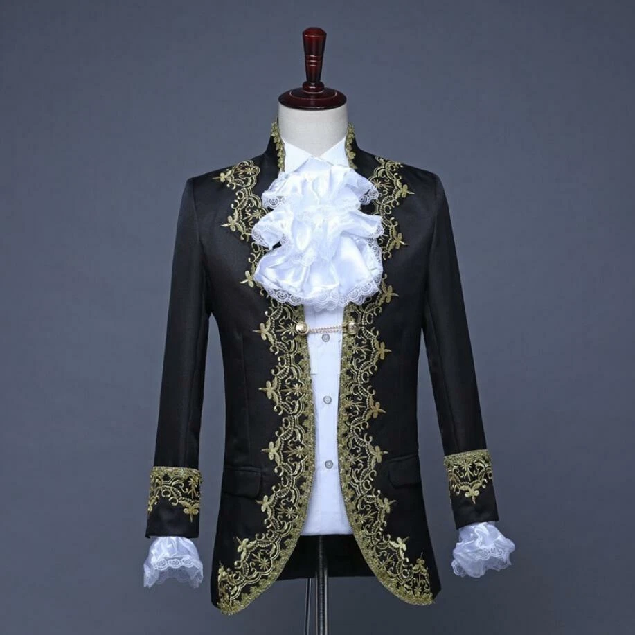 2Шт костюм мужской средневековое платье пальто куртка брюки суда вышивка стойка воротник размер - Изображение 4 из 4