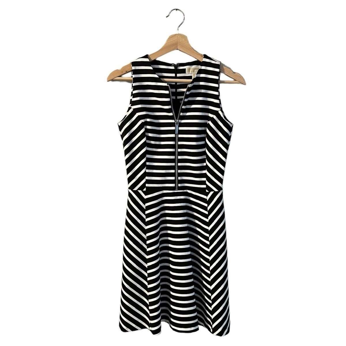 zip up skater dress Michael Kors Skater Dress Size 0 Striped Zip Up Sleeveless Fit N' Flare Knit