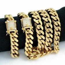 Mens Cuban Miami Link Bracelet Chain Set 18k Gold Plated 10mm CZ Clasp 