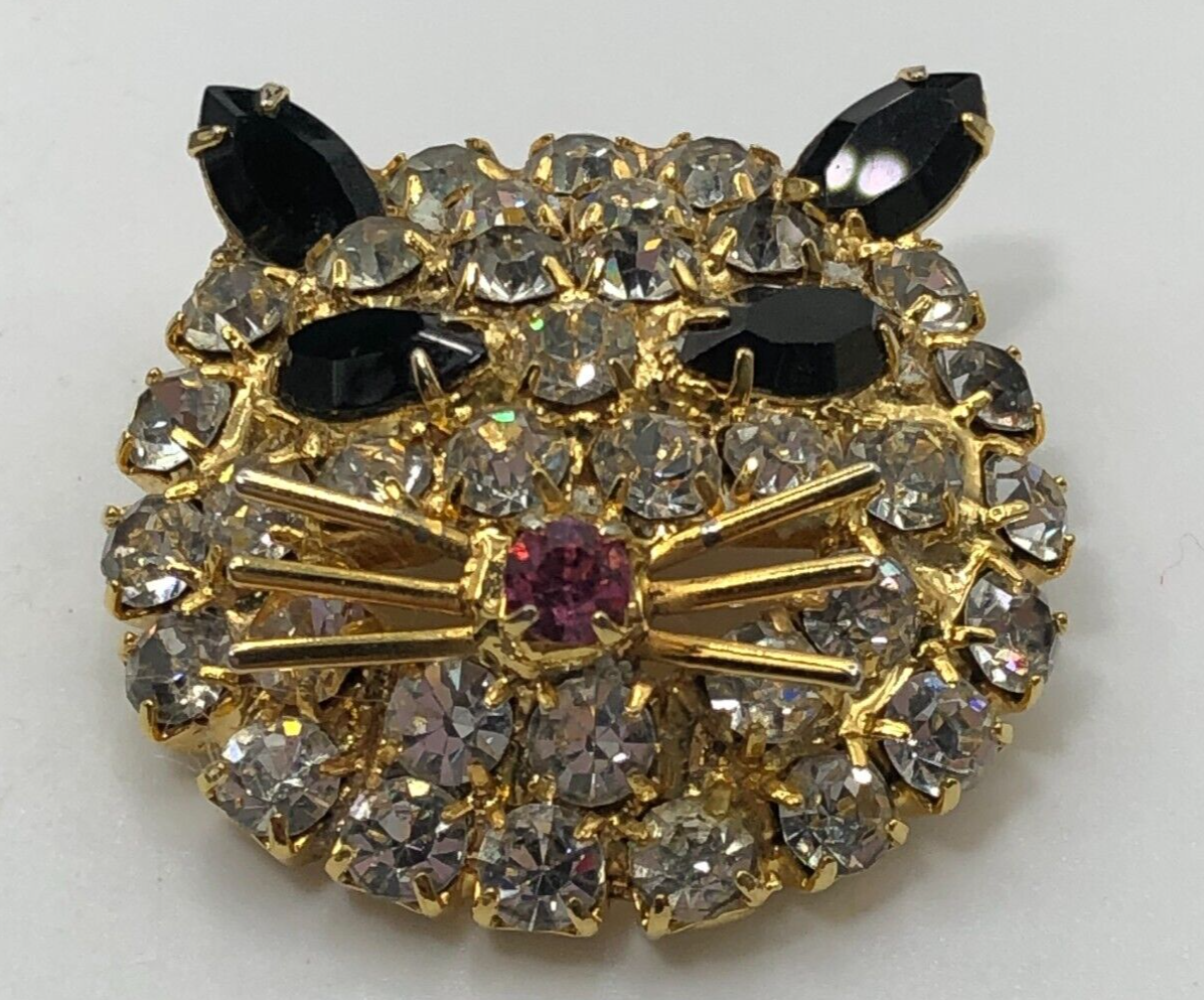 Vintage Rhinestone Cat Face Brooch Pin Whiskers Black Eyes
