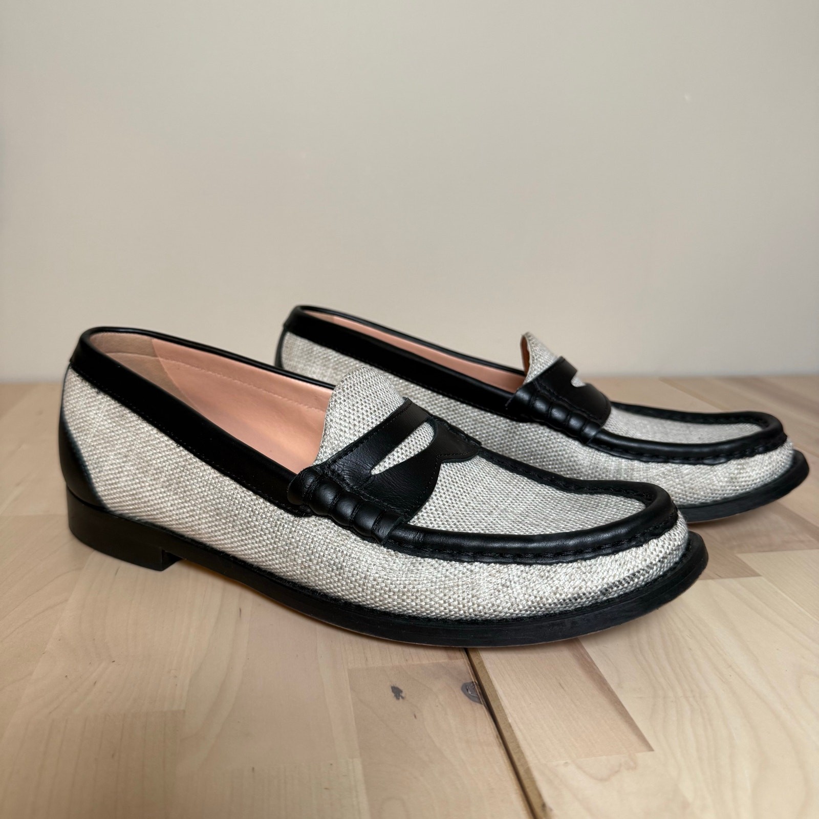 J.Crew Black Cream Winona Penny Loafer In Italian Linen & Leather Slip On Preppy