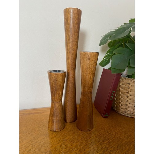 MCM Vintage Candle Holders 3 x Teak Hand Turned 15cm 20cm and 30cm Tall