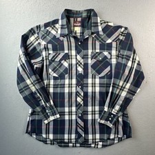 VINTAGE Wrangler Shirt Mens 17 17.5 XL Blue Green Pearl Snap Plaid Tartan Cowboy
