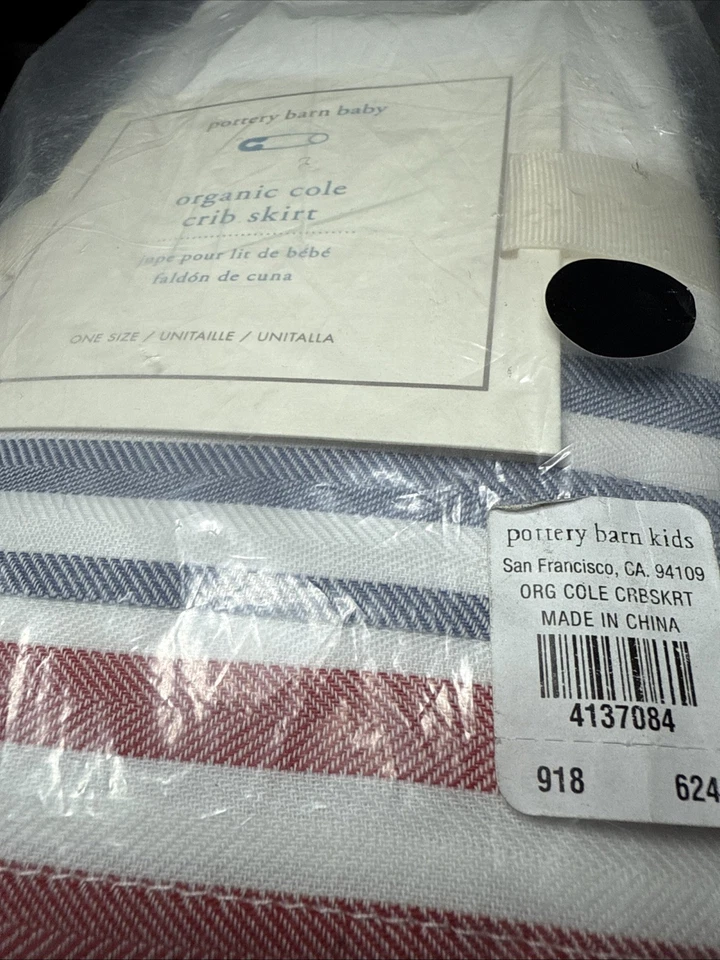 NUEVO EN CAJA Pottery Barn Cuna Orgánica Cole Cuna Falda Azul/Rojo Rayas 16” Drp 28x52 Foto 3 de 3