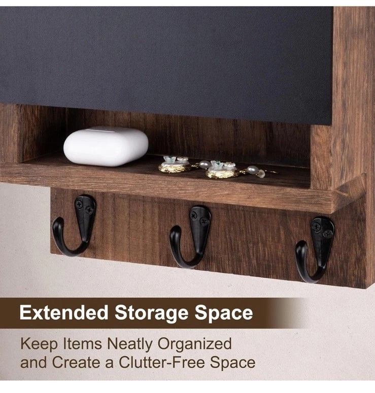 Key & Mail Holder for Wall, With Chalkboard, Storage Box, 3 Sturdy Hooks (Brown) - Image 3 of 4