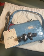 NEW ALEXANDER MCQUEEN Blue JEWELED KNUCKLE SKULL Chain MINI FLAP BAG NIB