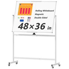 Large Rolling Whiteboard on Wheels, 48" x 36" Double-Sided Mobile White Board...