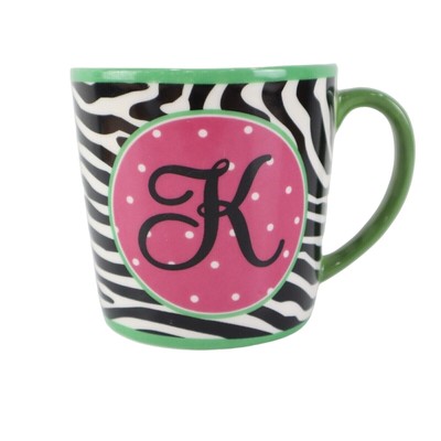 Monogramed Zebra Print K Coffee Cup with Green Border