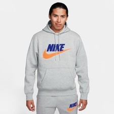 Mens Medium Nike Club Fleece Pullover Hoodie Smoke Grey/Safety Orange FN3104-063