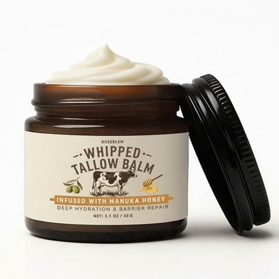 Whipped Tallow Honey Balm, Beef Tallow for Skin Face, 100 Organic Grass-Fed B...