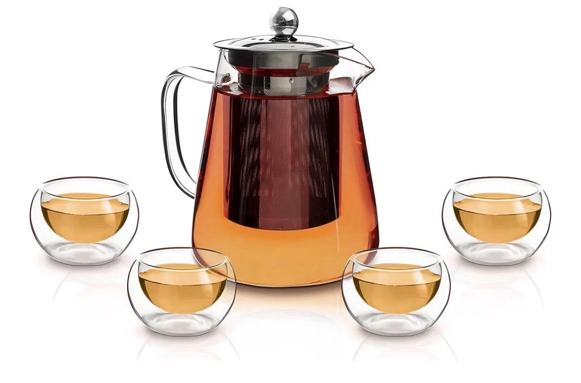 Eternal Living 5 PCS Infuser Tea Set: 1 Kettle 15 oz, 4 Doubled Walled Cups 5 oz