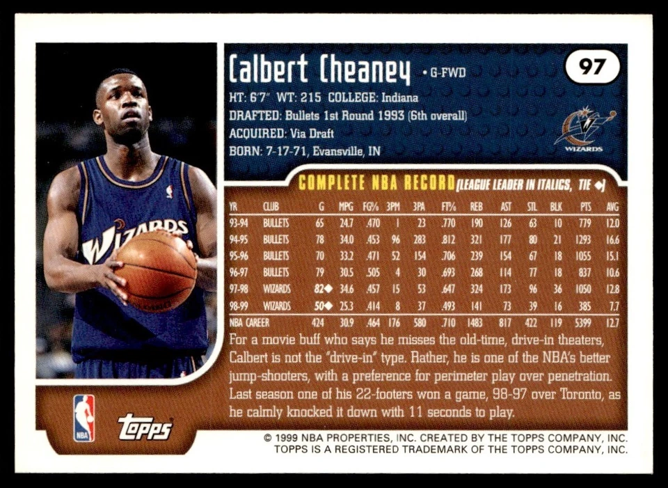 1999-00 Topps Tipoff Calbert Cheaney Washington Wizards #97 - Image 2 of 2
