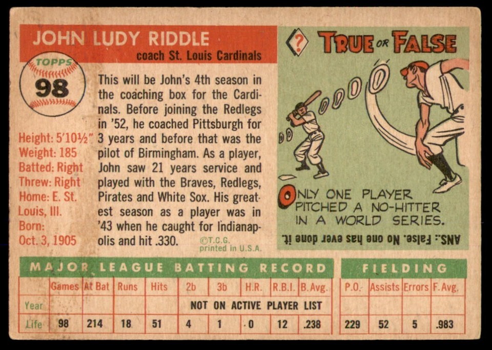 1955 Topps #98 JOHNNY RIDDLE Co St. Louis Cardinals VG/EX | eBay