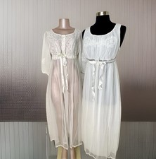 Vintage ILGWU White Bridal Wedding Honeymoon Long Babydoll Chiffon Nightgown Set