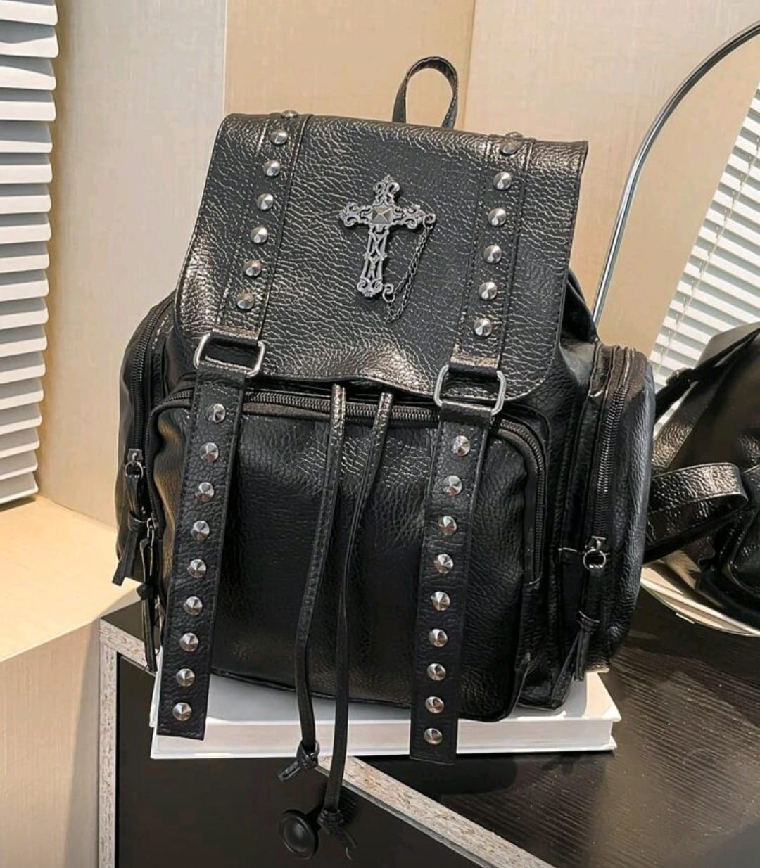Gothic Black Faux Leather Studded Backpack Rock Punk Unisex Metal Large Bag