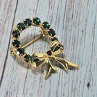 Vtg Eisenberg Ice Brooch Christmas Wreath Green Gemstones EUC Gold Tone