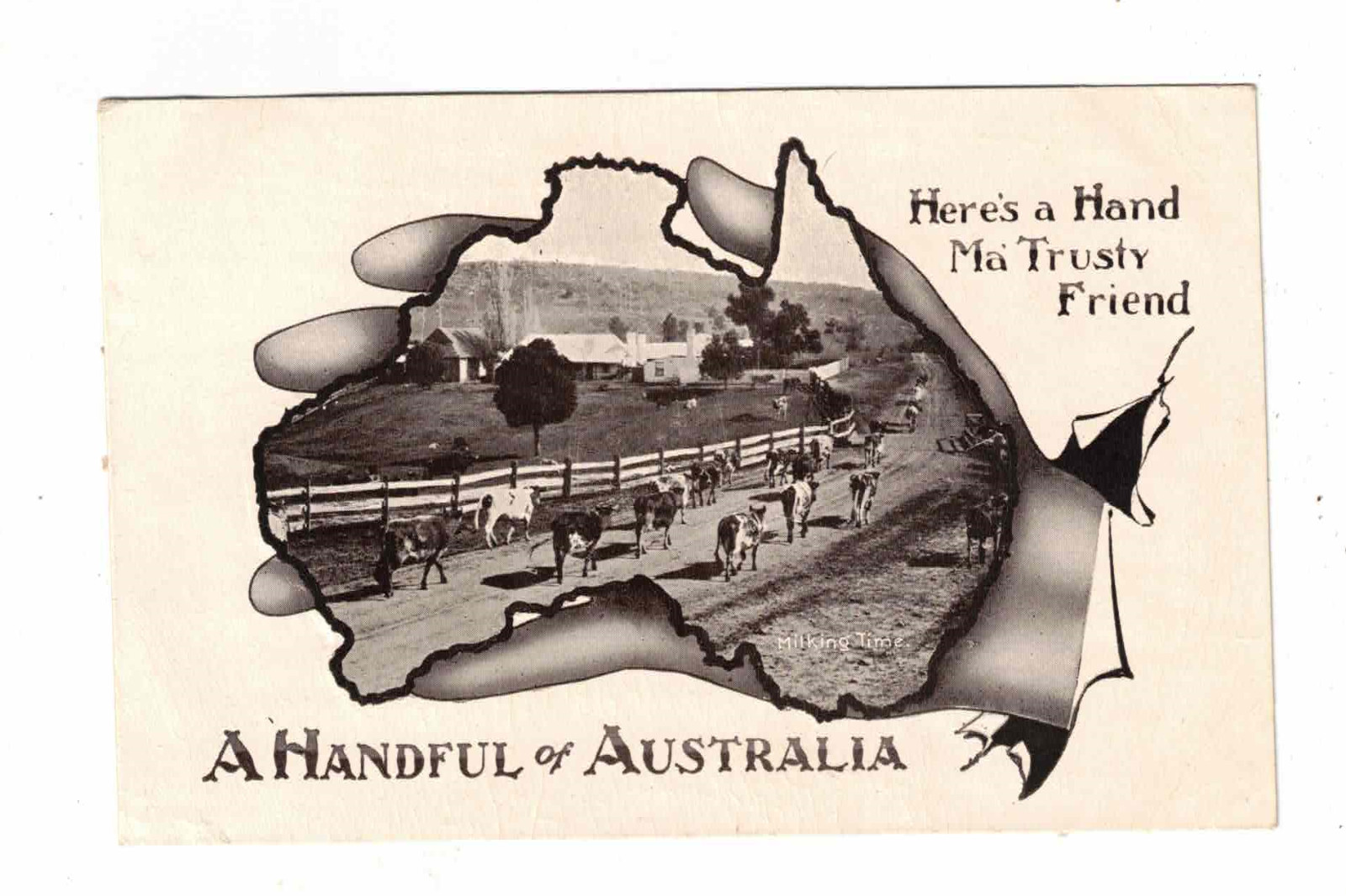 Vintage Postcard Early 1900s "A Handful of Australia. Here's a Hand Ma' Trusty F