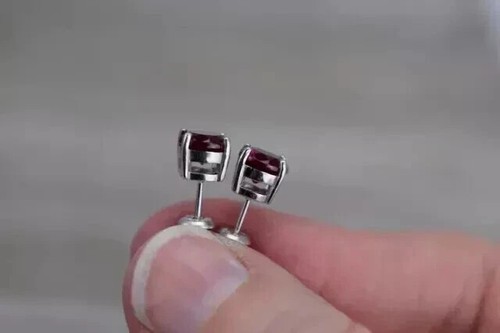 2Ct Round Cut Lab-Created Red Ruby Solitaire Stud Earrings 14K White Gold Plated - Picture 9 of 10