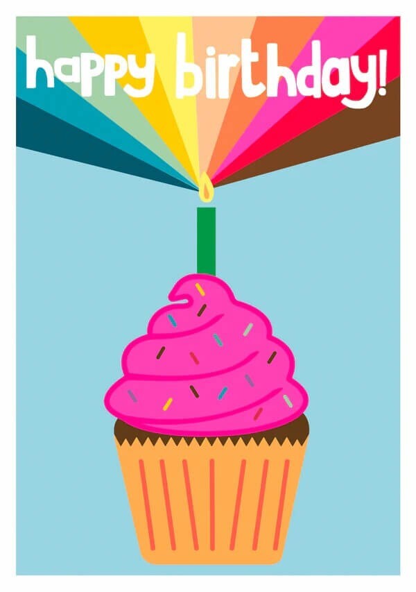 Bright Birthday Card Cake Cupcake Candle Neon - Fun Embossed Foil Greeting Card