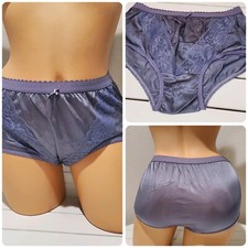 Shiny Double Nylon Gusset  Lace Granny Panty Full Cut Brief 5/S Silver