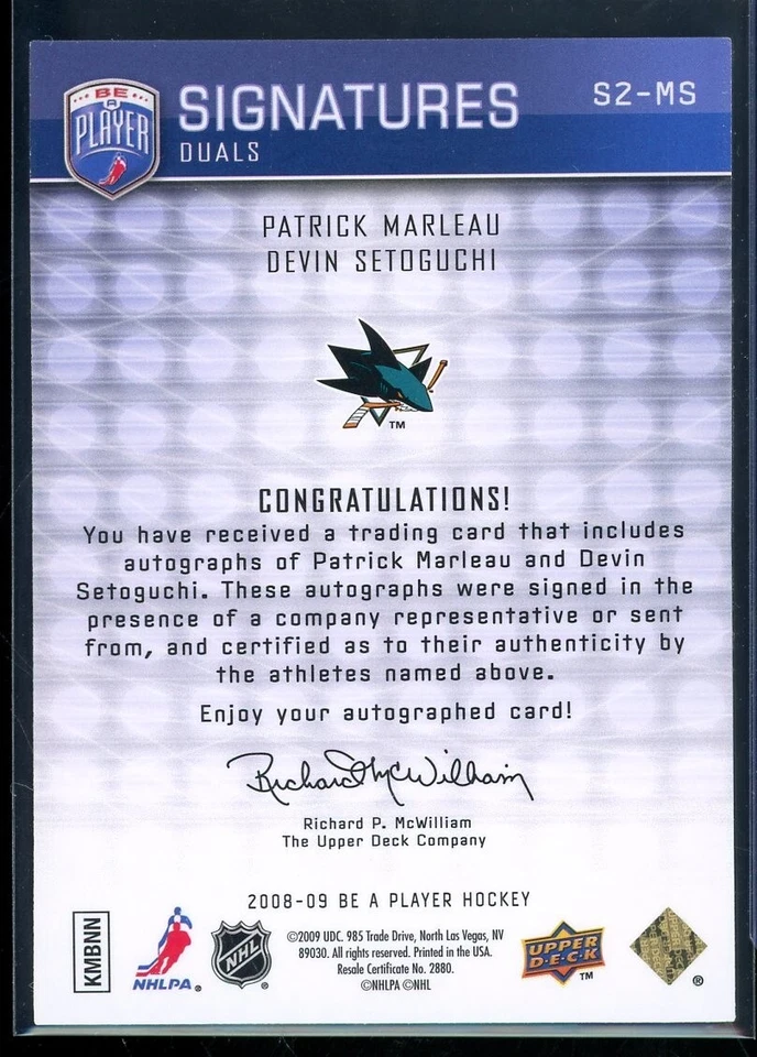 2008-09 Be A Player Signatures Dual #S2MS Devin Setoguchi/Patrick Marleau - Image 2 of 2