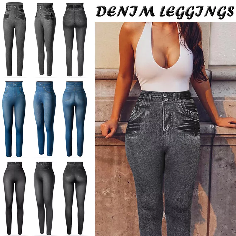 Women Faux Jean Pants Perfect Fit Denim Leggings Plus Size