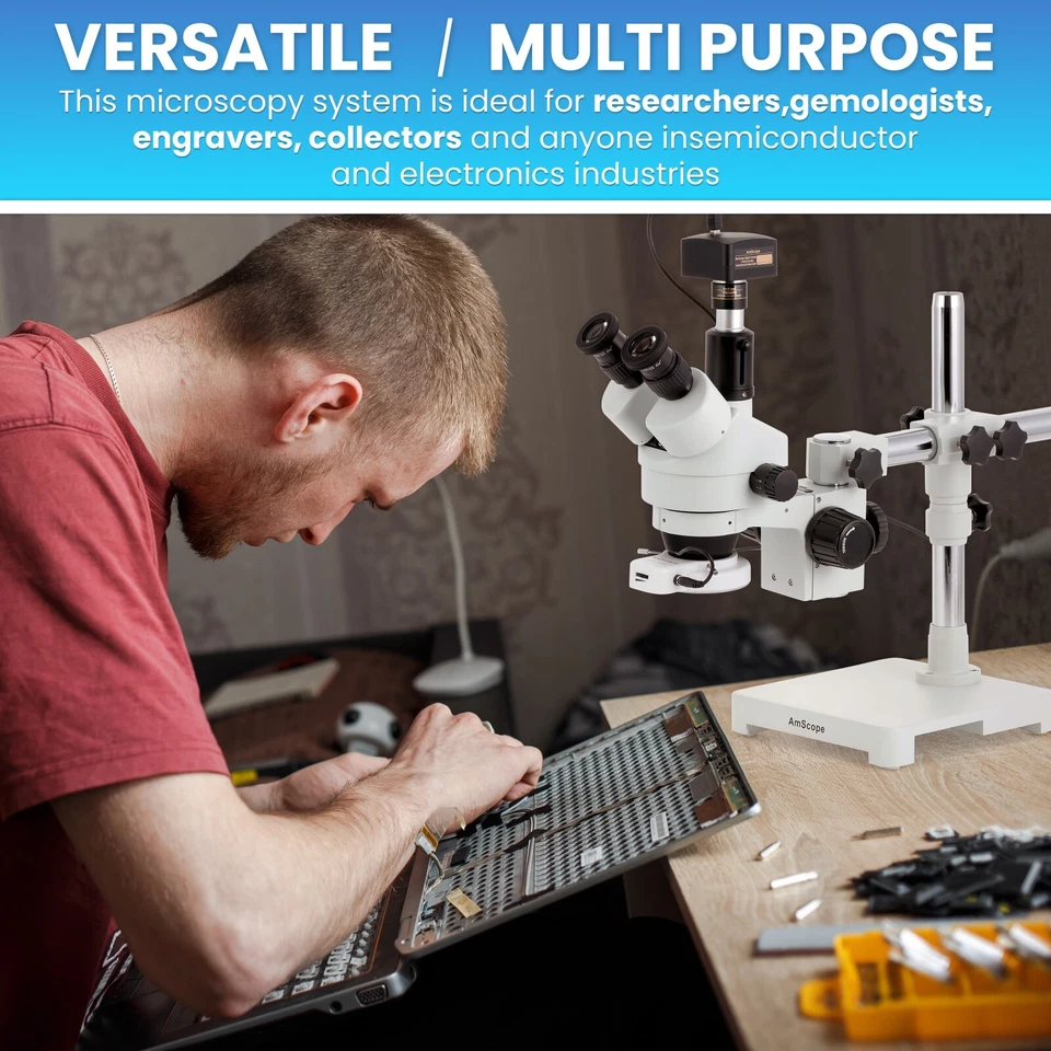 Microscopio con zoom estéreo trinocular AmScope 3,5X-90X en soporte de brazo único Foto 4 de 4