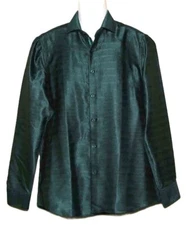 NEW Barry Wang Silk Blend Shirt Green Wavy Lines Pattern Men's Size Slim Medium