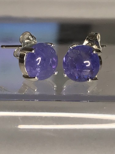STERLING SILVER NATURAL CABOCHON TANZANITE EARRINGS. 8MM. - Bild 2 von 4