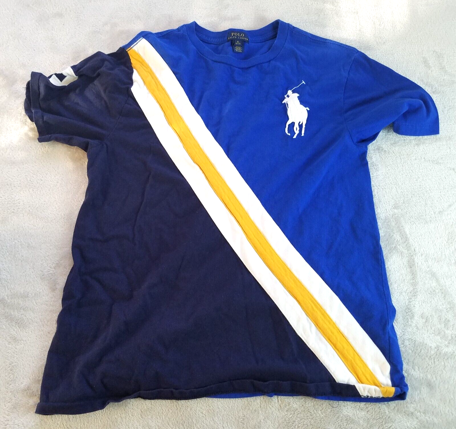 Polo Ralph Lauren taglia XL 18 20 blu royal striscione grande pony giallo righe bianche