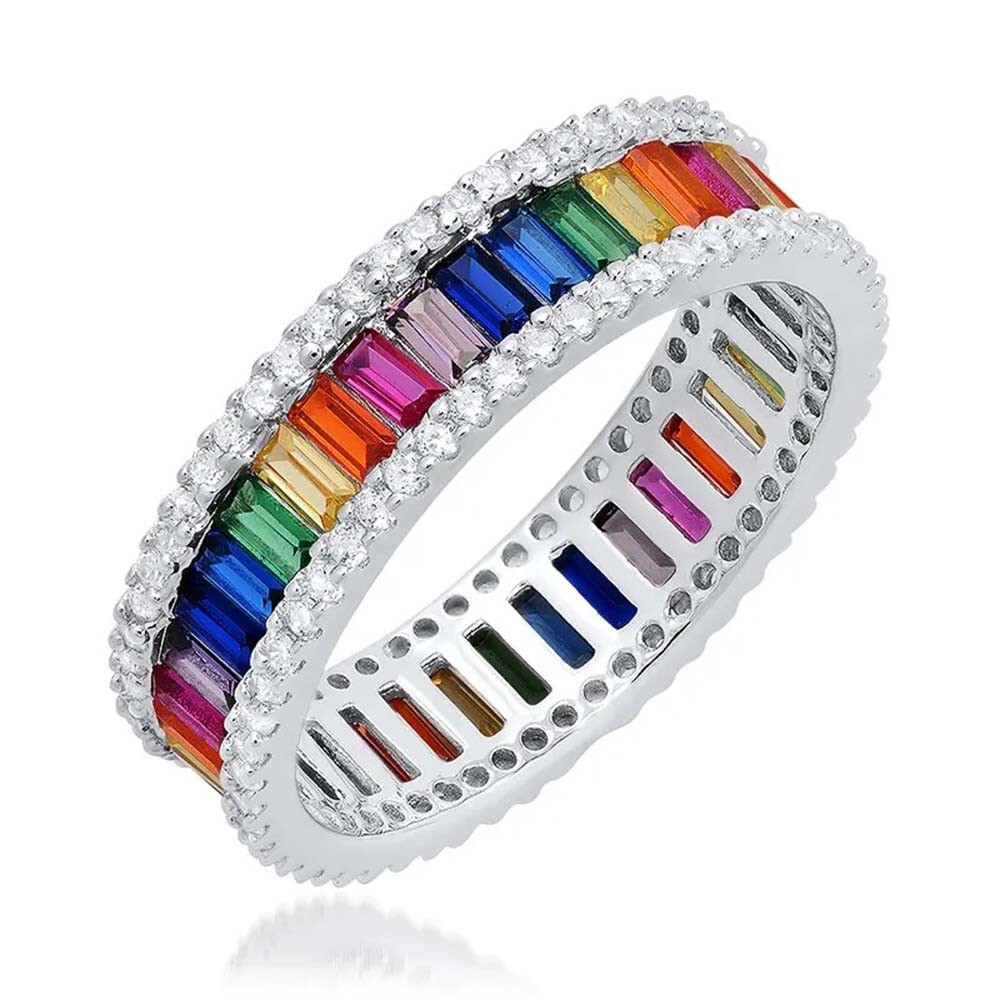 Lab Created Multi Color 14k White Gold Plated Rainbow Eternity Band Wedding Ring