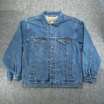 Open Trails Denim Trucker Jacket Mens L Blue Medium Wash Long Sleeve 100% Cotton