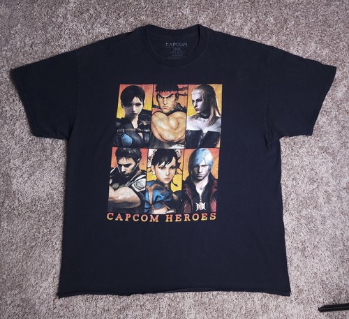 CAPCOM HEROES T-Shirt Mens Large Black Graphic Tee Chun Li Ryu Dante Vintage Sty