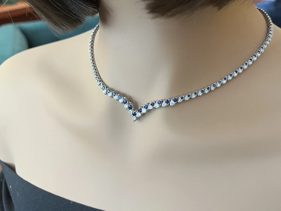 Natural Blue Sapphire and Diamond V Choker Necklace in Platinum - HM2744AE