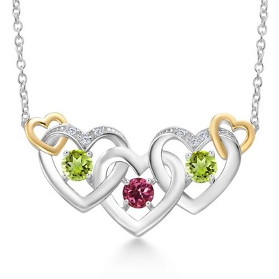 925 Silver and 10K Yellow Gold Pink Tourmaline Peridot and White Lab Grown