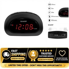 Sharp Digital Alarm Clock Red LED Snooze Battery Backup Small Black