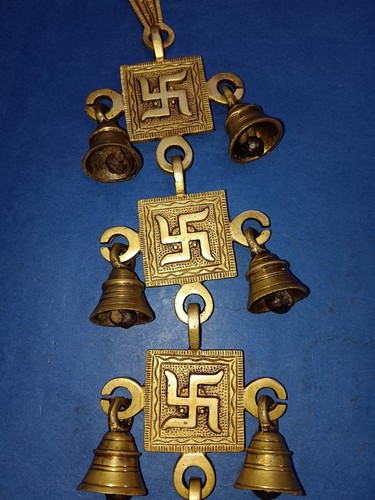 Ganesha Symbols Ringing Bell Brass Sleigh Bell Entry Door Hanging Pair GTX - Foto 3 di 9