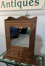Antique Solid Oak Medicine Cabinet, Scalloped Crown, Shaving Mirror, 2 Drawers