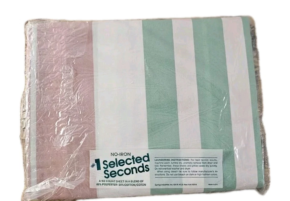 Vintage Twin Flat Sheet Striped Pastel Pink Green White x 2 Retro  - Image 4 of 4