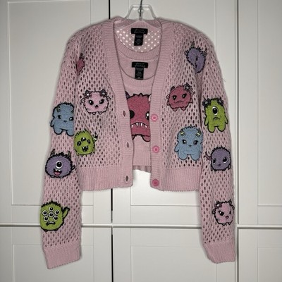 Hot Topic Sweet Society Fuzzy Monster Junior Girls Sweater Cardigan Tank Top Set