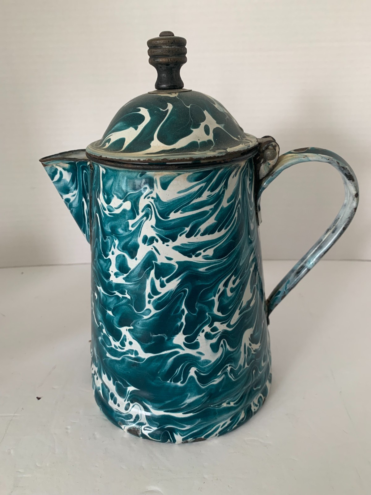 Antique teal and white swirled graniteware coffee pot with lid