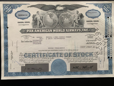Pan American World Airways eine  Aktie über 1000 Stück  ( selten )