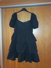 PLT Black Skater Dress Crinkle Cup Tiered Skirt Mini Milkmaid Textured UK 12