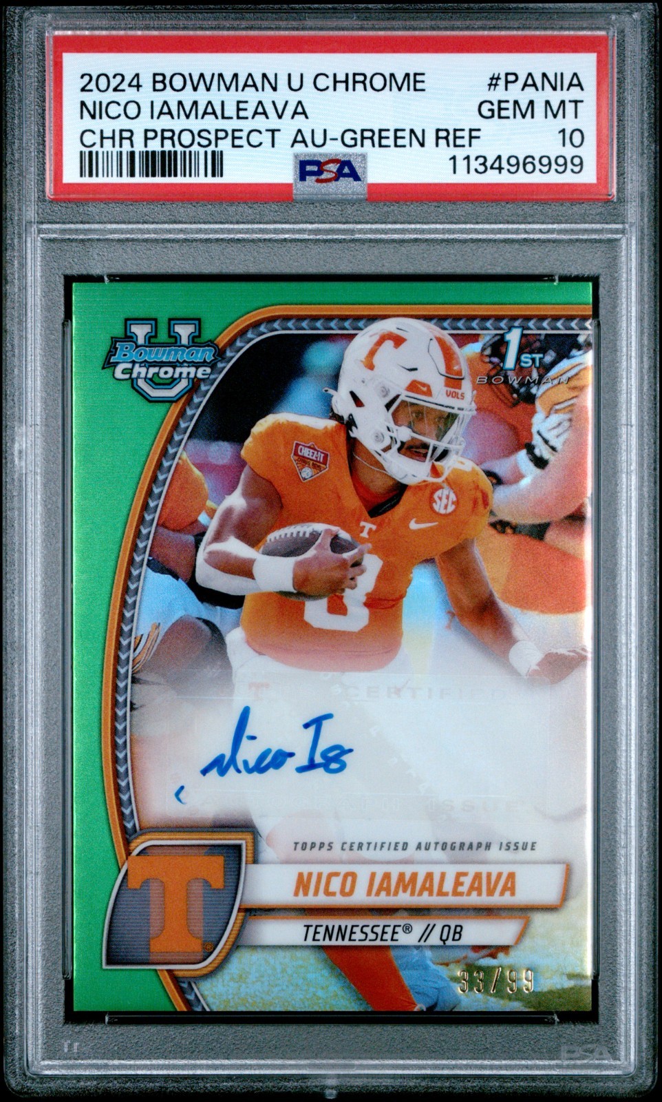 2024 Bowman University Chrome Nico Iamaleava Rookie Auto Green /99 PSA 10