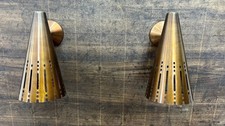 Mid Century Modern Brass Cone Wall Sconces – Vintage Perforated Light Pair