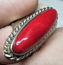 Vintage Sterling Red Banded Agate Ring SZ 6.75 Long Statement Cabochon SC 10.8g