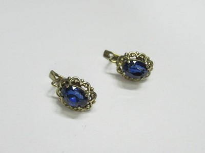 Vintage Soviet Earrings Estate Gilt Sterling Silver 875 Sapphire Stud Ear USSR