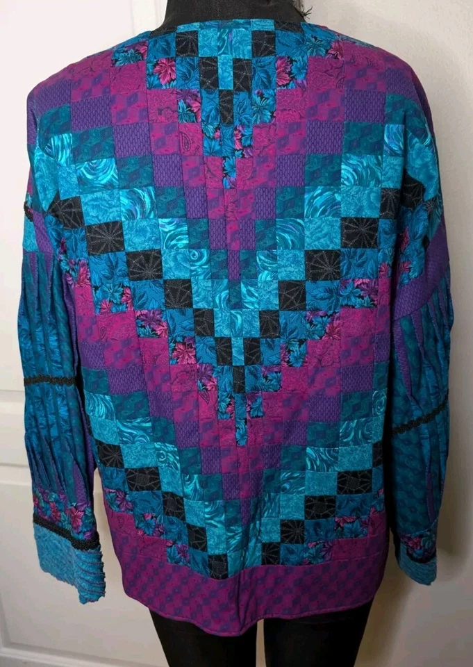 Chaqueta de alta costura acolchada oriental azul y púrpura vintage hecha a mano talla única L/XL Foto 2 de 4